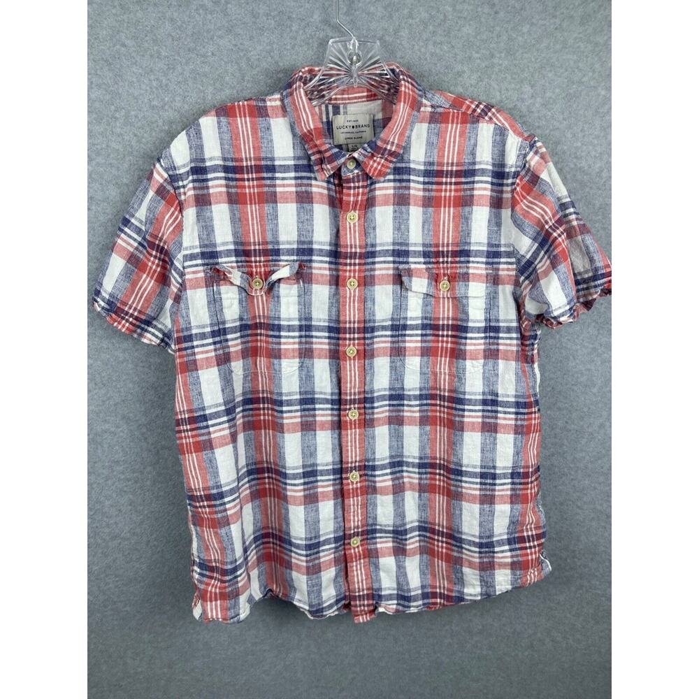 Lucky Brand Shirt Men's L Plaid Short Sleeve‎ Button Up Linen Blend Summer Beach